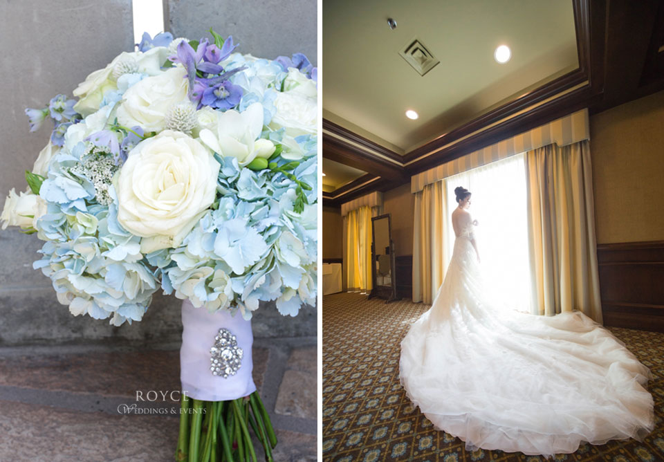 Wedding bouquet from the top wedding florists and the bride viewing from inside the Bel Air Bay Club wedding room. http://RoyceWeddings.com Call: 626-560-2537