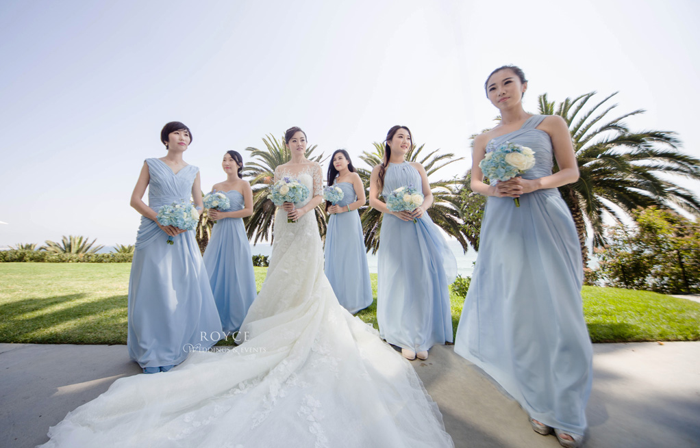 Bride with her bridesmaids outdoor picture at the Bel Air Bay Club wedding room. http://RoyceWeddings.com Call: 626-560-2537