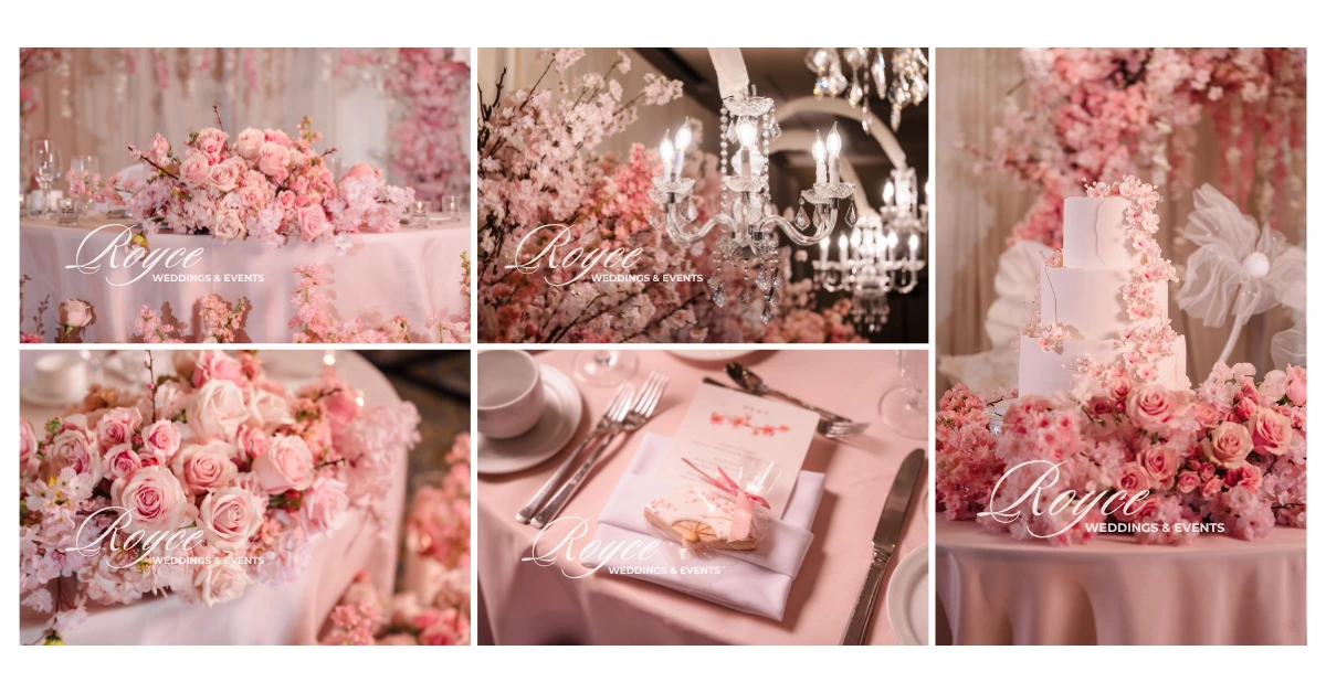 Sweetheart table floral close-ups, chandelier décor, cherry blossom wedding favor, and cake at Pacific Palms Resort by wedding planner Los Angeles California.