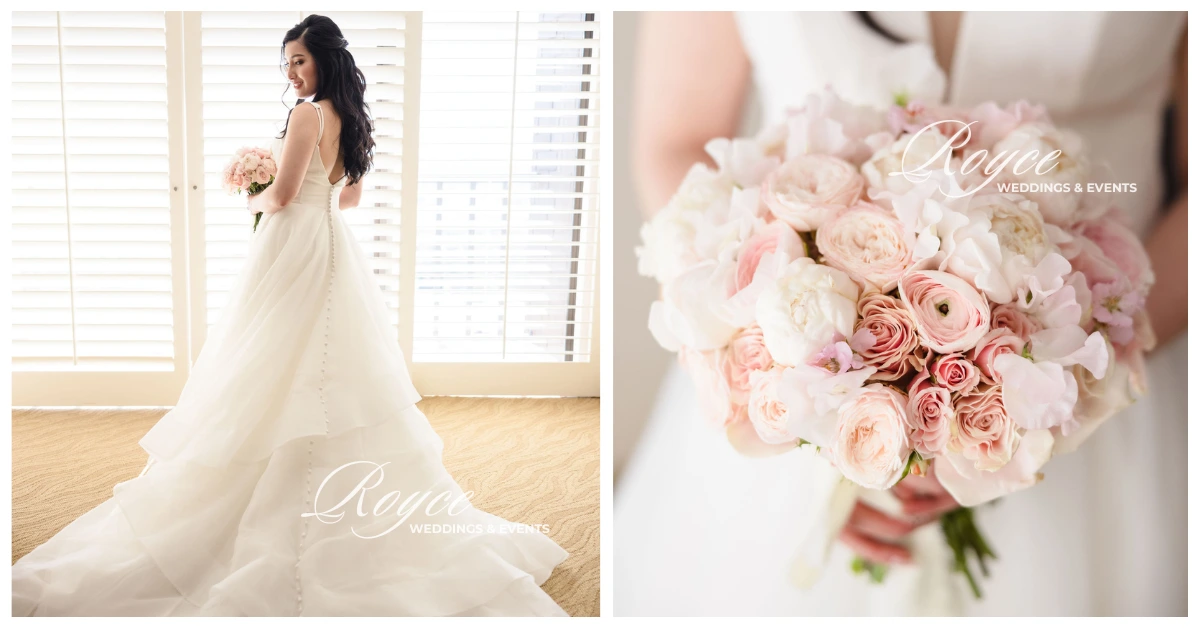 Bride in wedding gown during prep time and cherry blossom-inspired bridal bouquet, styled by wedding planner Los Angeles California.