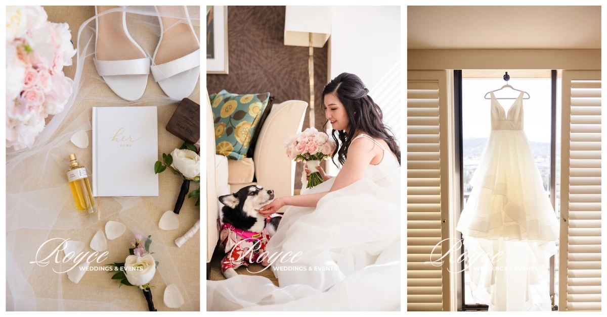 Flat lay of cherry blossom wedding stationery, bride with dog during prep, and wedding gown hanging—styled by wedding planner Los Angeles California.