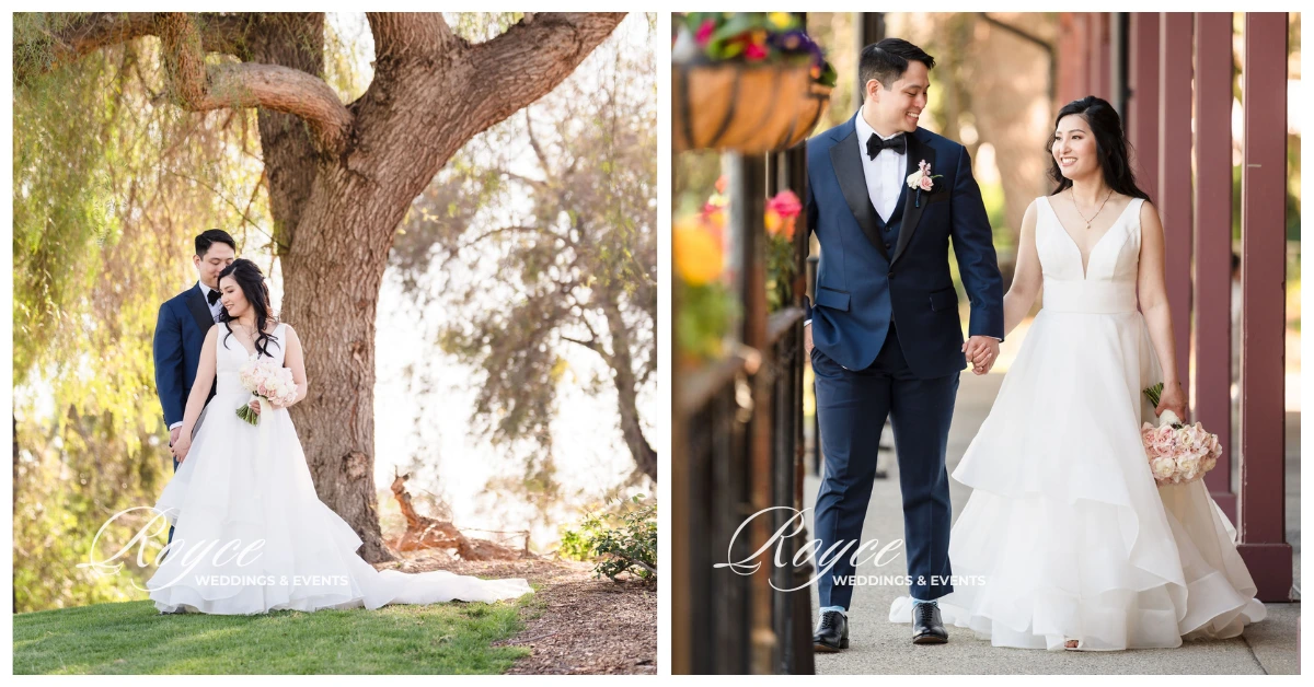 Bride and groom pose together at Pacific Palms Resort wedding, planned by expert wedding planner LA.