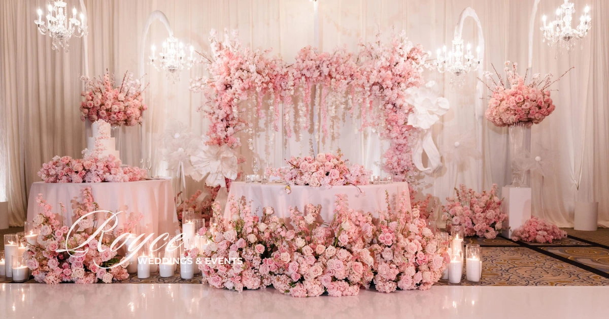Cherry blossom-themed sweetheart table at Pacific Palms Resort wedding, styled by wedding planner Los Angeles California.