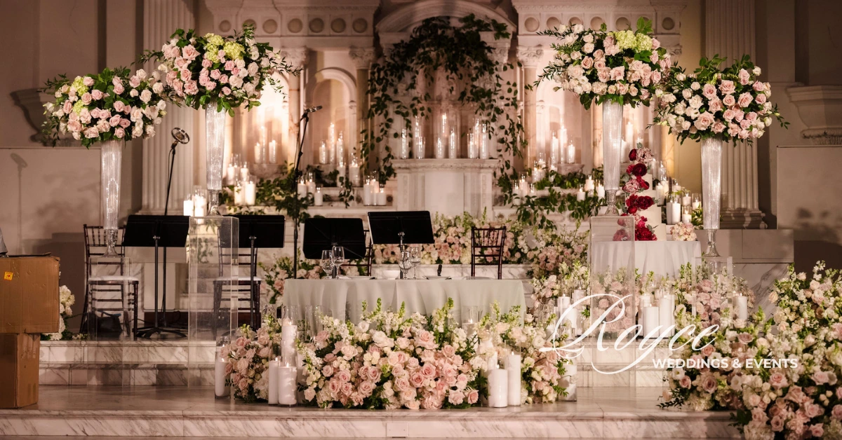 Luxury wedding stage with pink and white floral arrangements and candlelight.