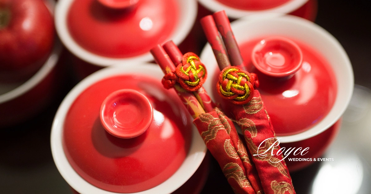 Luxury Chinese wedding tea ceremony details featuring traditional wedding elements