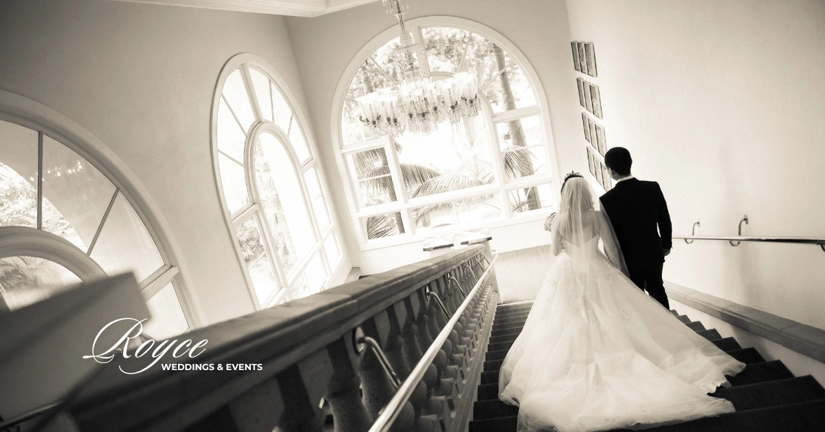 Couple portrait inside a luxury wedding venue Southern California with elegant resort architecture