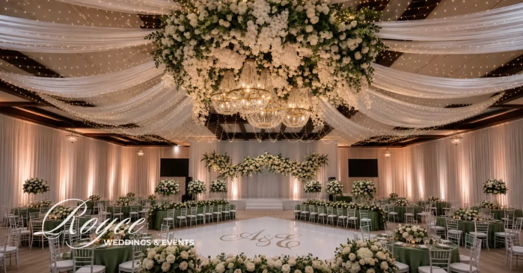 Luxury wedding venue Southern California featuring a grand ballroom wedding with a statement floral chandelier in sage green and white