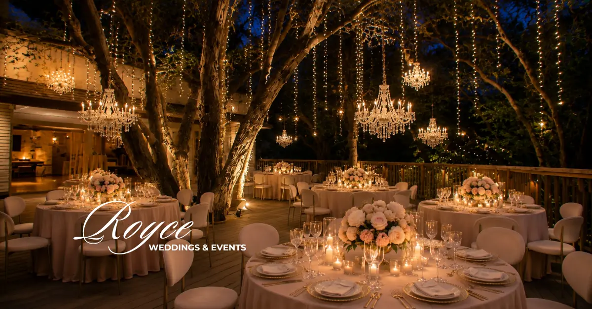 Calamigos Ranch Wedding Guide featuring a romantic nighttime outdoor wedding reception beneath the iconic Birchwood Tree