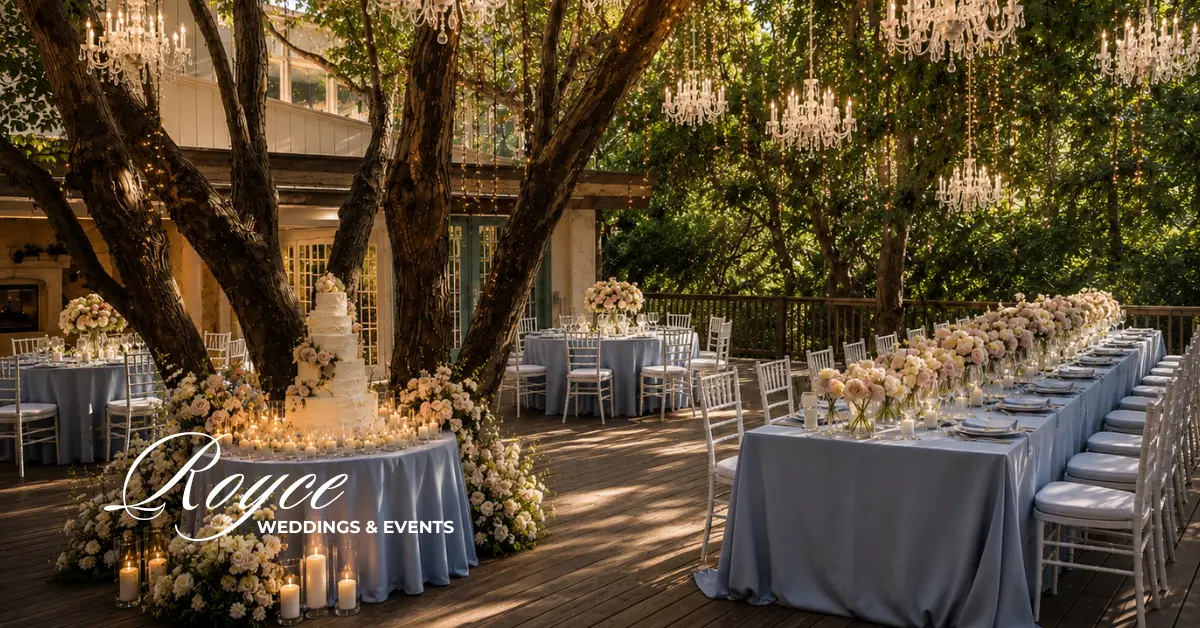 Luxury Malibu wedding reception beneath the Birchwood Tree with elegant outdoor decor