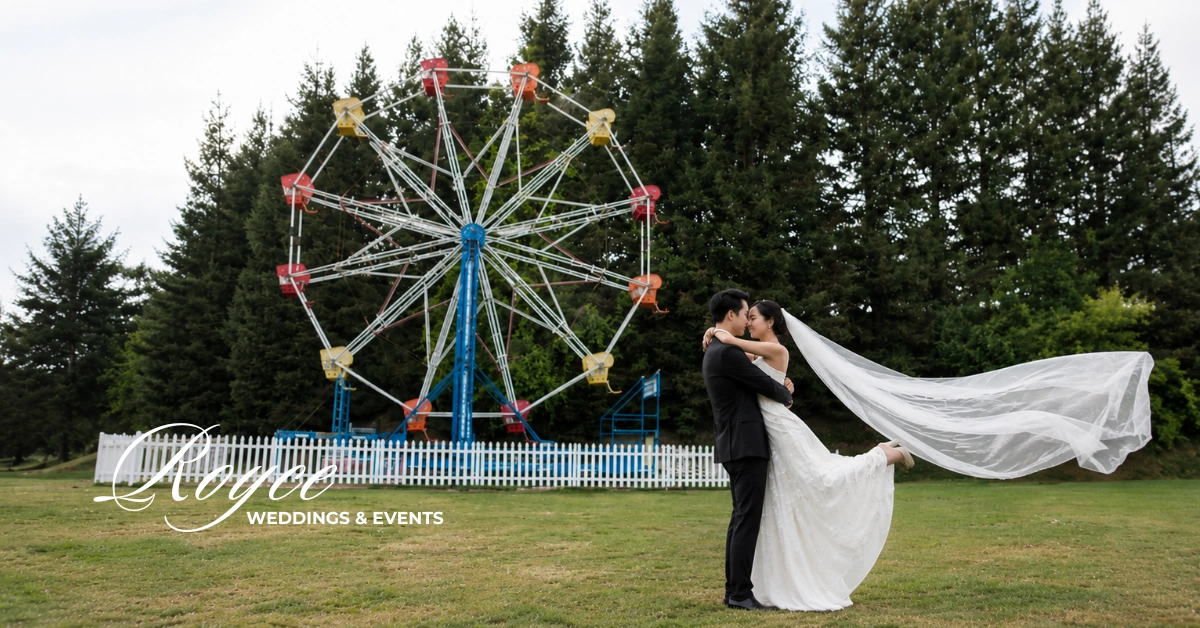 Romantic Calamigos Ranch Malibu Wedding couple portrait at the iconic Ferris wheel during golden evening light