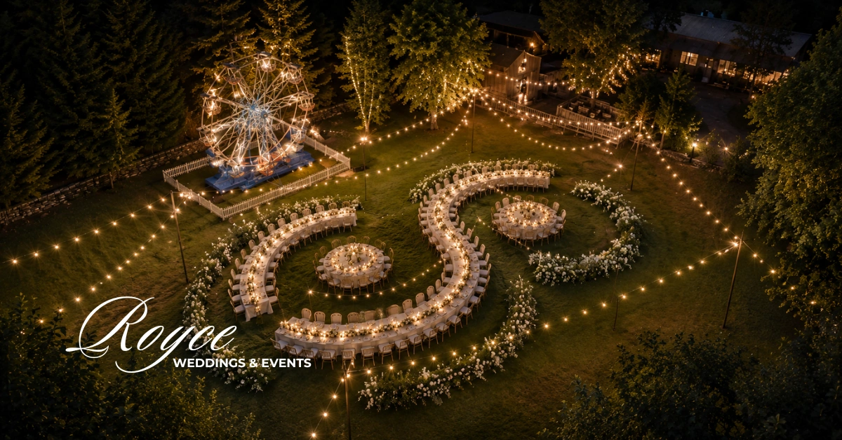 Grand outdoor Calamigos Ranch Malibu Wedding reception at North 40 with the iconic Ferris wheel