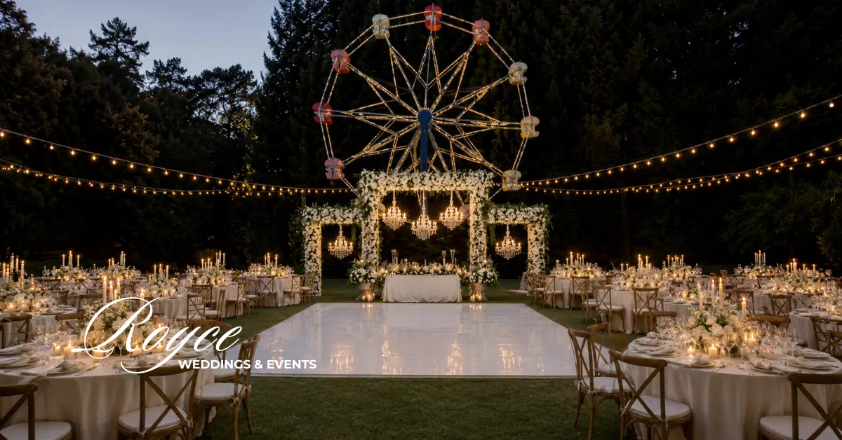 Destination wedding California featuring a nighttime outdoor reception at North 40 with a Ferris wheel backdrop