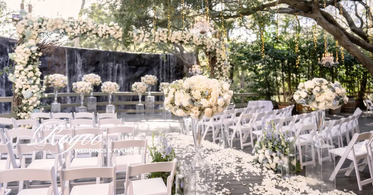 Outdoor wedding venue California with a romantic Oak Room ceremony beneath an oak tree and waterfall