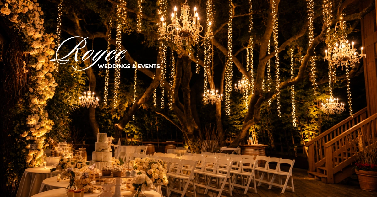 Elegant Calamigos Ranch Malibu Wedding reception at Oak Room beneath romantic string lights