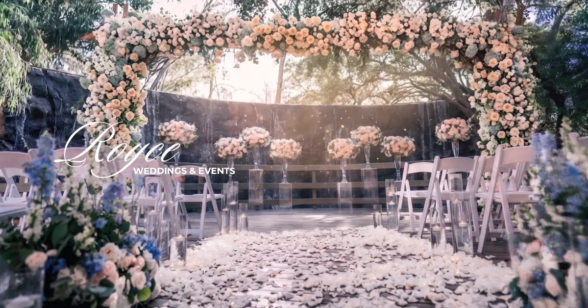 Fairytale Calamigos Ranch Malibu Wedding ceremony at The Oak Room overlooking the waterfall