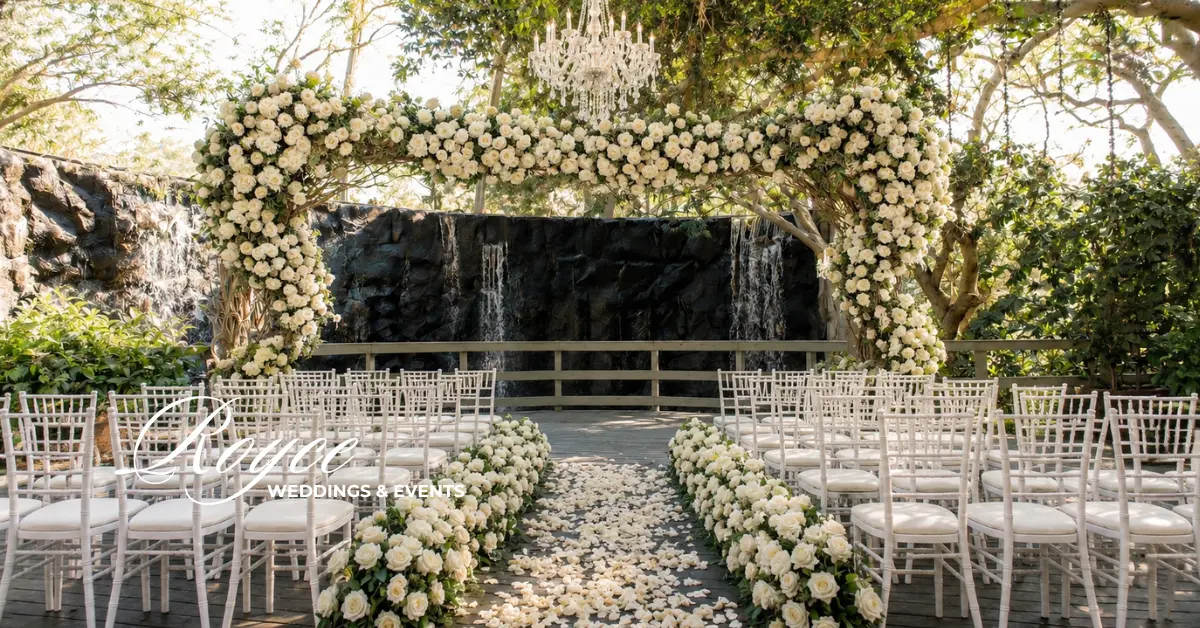 Calamigos Ranch Wedding Guide showcasing an outdoor wedding ceremony beneath an oak tree with a waterfall backdrop