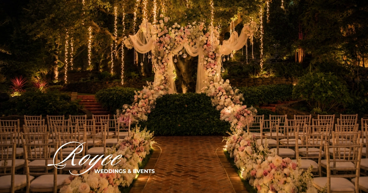 Magical nighttime Calamigos Ranch Malibu Wedding ceremony at The Pavilion beneath fairy lights