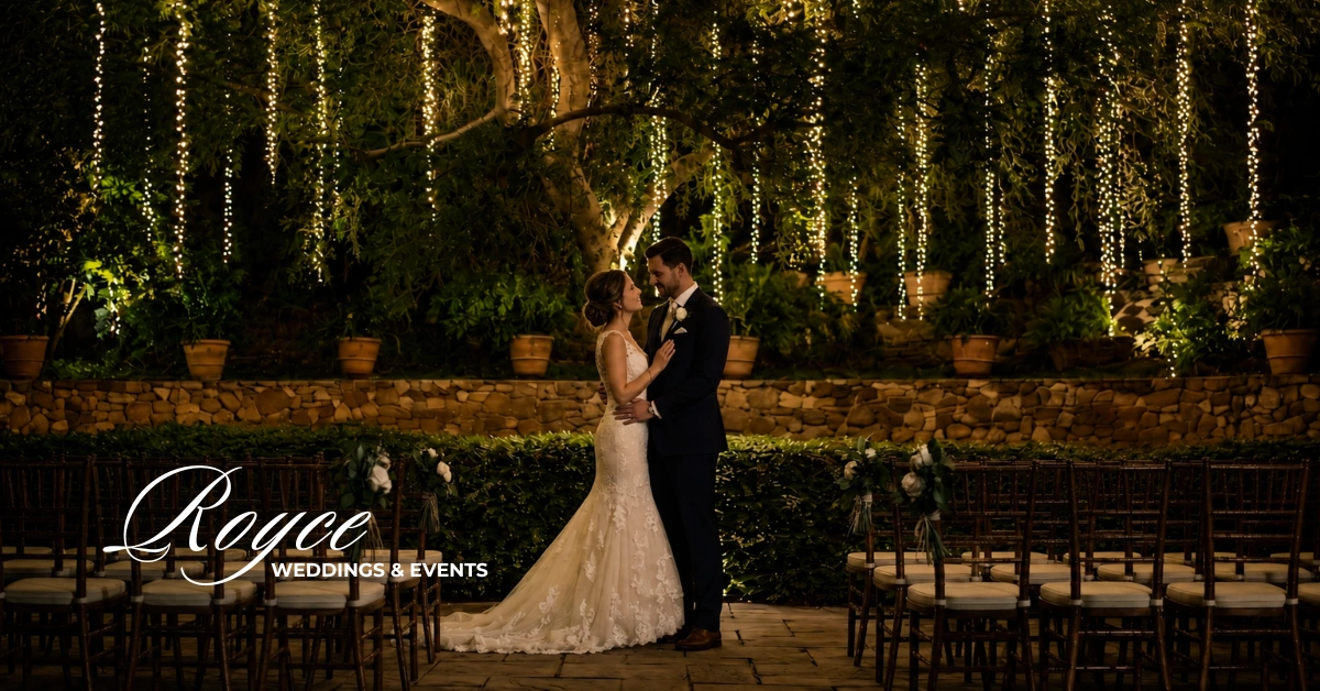 Romantic nighttime portrait during a Calamigos Ranch Malibu Wedding at The Pavilion beneath illuminated oak trees