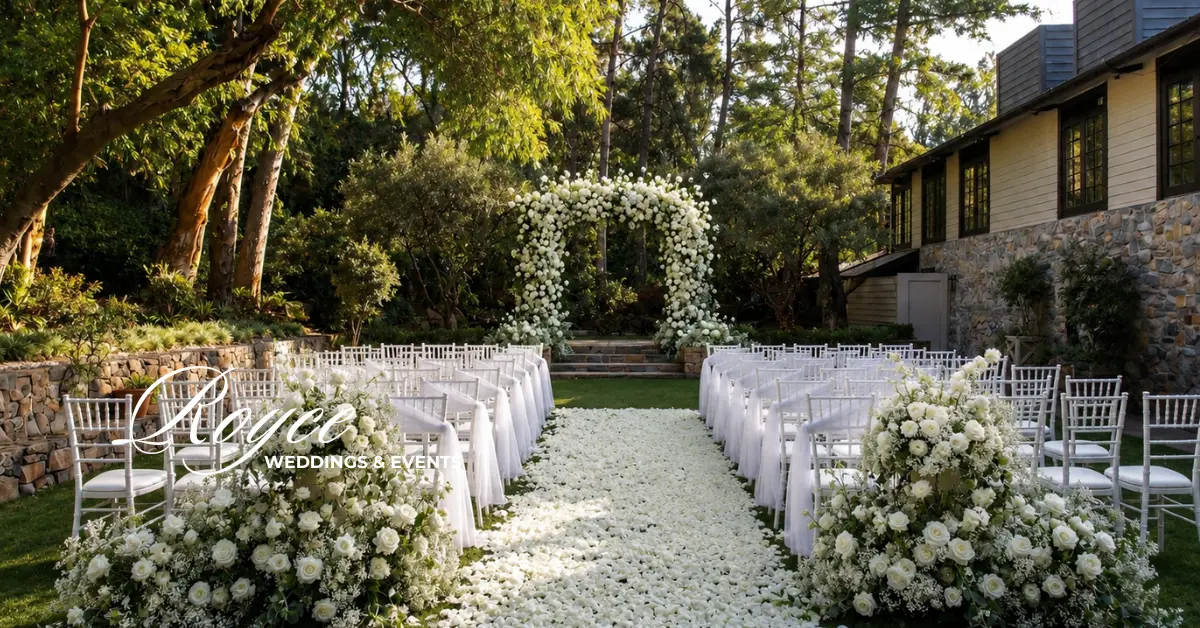 Calamigos Ranch Wedding Guide featuring an elegant outdoor wedding ceremony at the Redwood venue