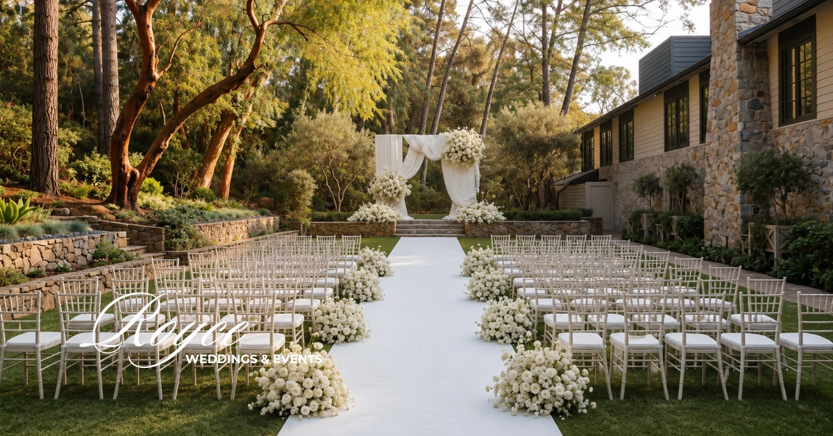 Elegant Calamigos Ranch Malibu Wedding ceremony at The Redwood Room with luxury floral design