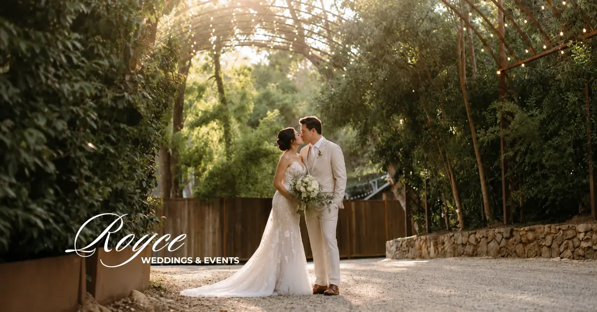 Calamigos Ranch Wedding Guide featuring a romantic couple portrait at the estate