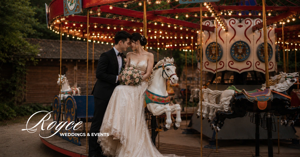Couple portrait during a Calamigos Ranch Malibu Wedding at the iconic Star C carousel