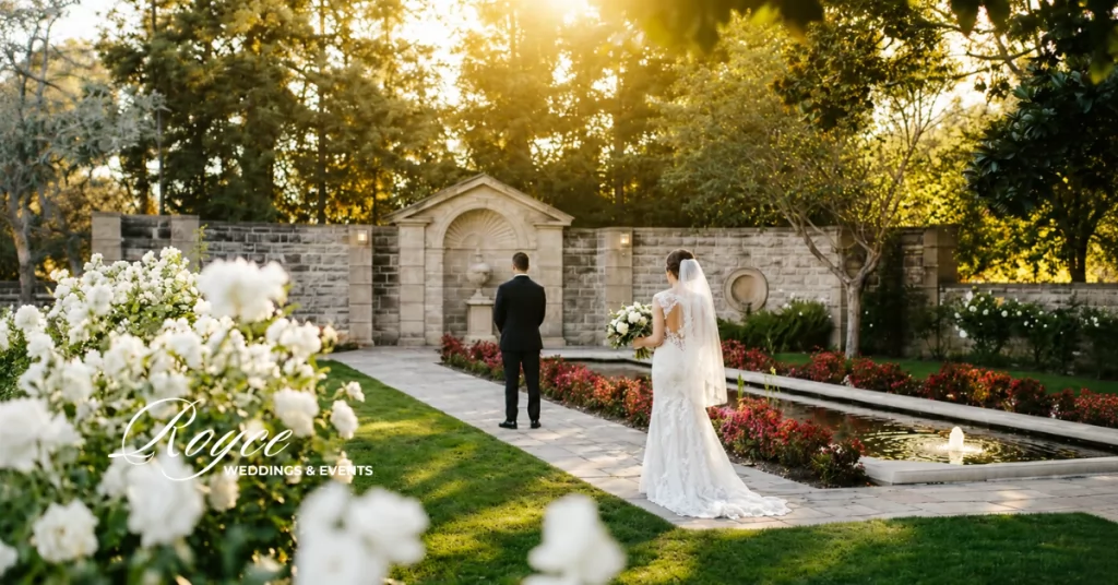 Emotional first look during a Greystone Mansion Wedding surrounded by timeless estate architecture.