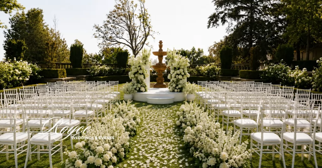 Romantic Greystone Mansion Wedding ceremony in the Formal Garden with elegant floral design and classic estate scenery.