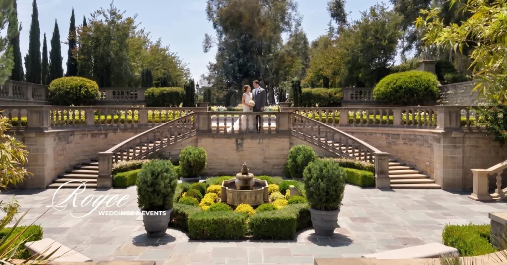 Romantic couple portrait during a Greystone Mansion Wedding on the estate's iconic grand staircase.