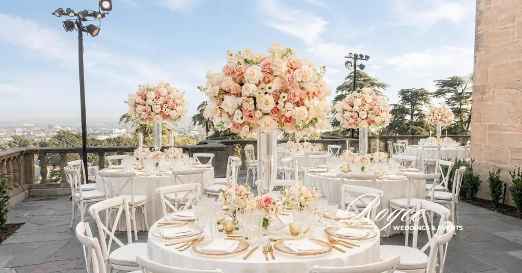 Sophisticated Greystone Mansion Wedding reception at the Reflection Pond & Terrace overlooking Los Angeles.