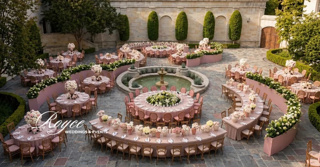 Elegant Greystone Mansion Wedding reception in the historic Courtyard with luxurious outdoor dining and estate architecture.