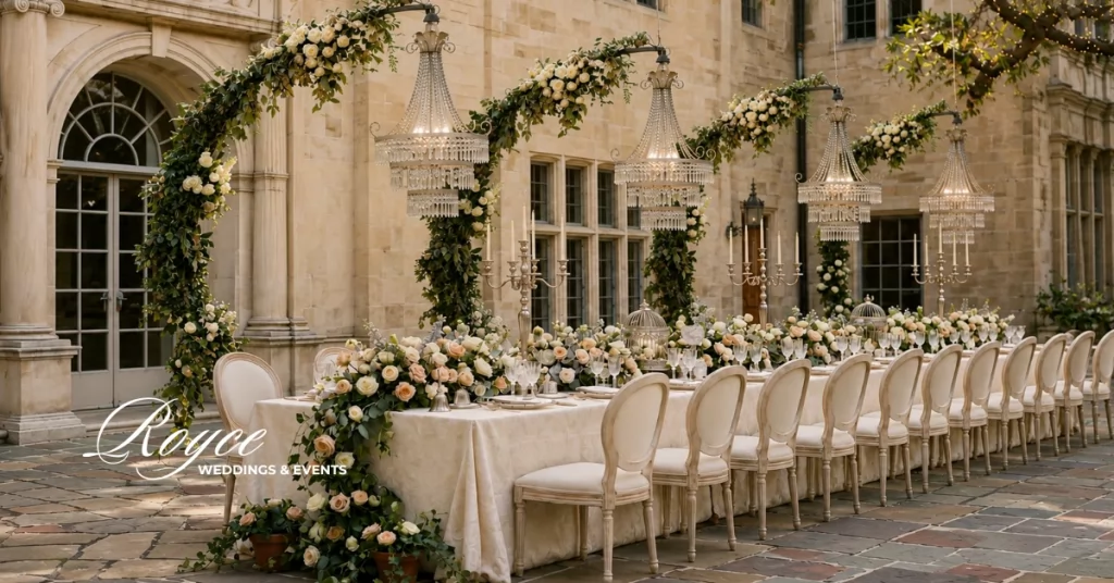 Luxury historic mansion wedding reception in an elegant outdoor courtyard.