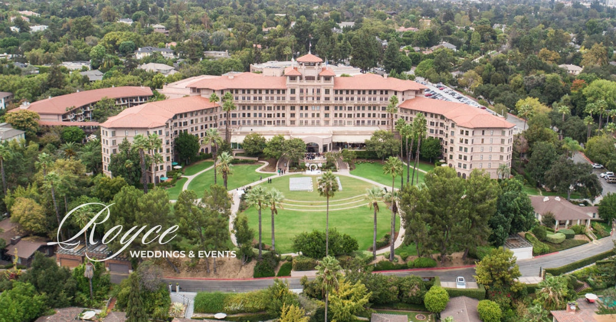 Aerial view of a Langham Hotel Pasadena Wedding venue surrounded by historic gardens.