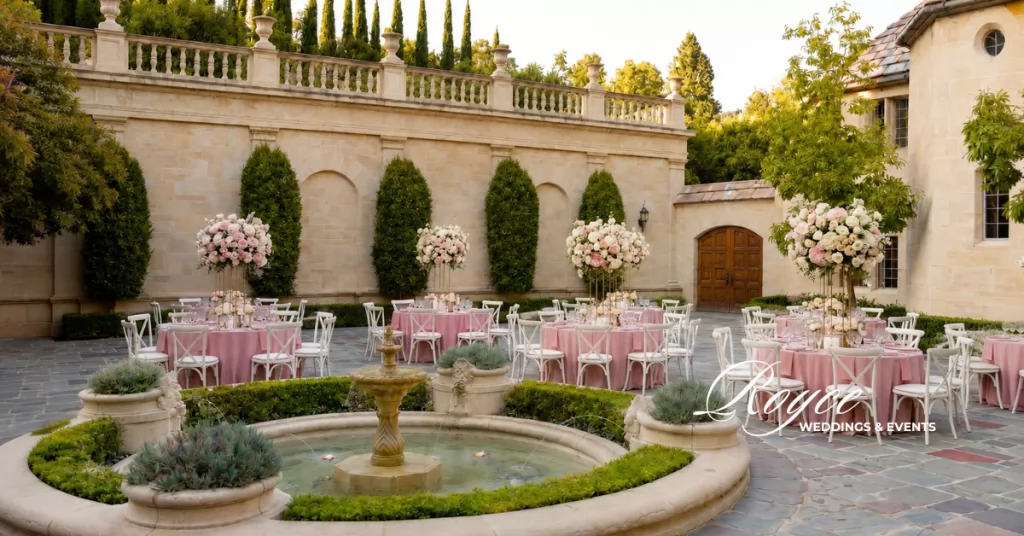 Luxury estate wedding reception with romantic tablescape and historic architecture.