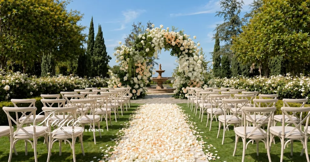 Elegant outdoor ceremony at a Los Angeles wedding venue surrounded by manicured gardens.