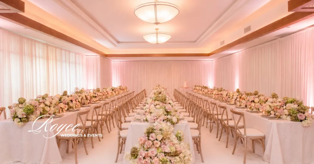 Luxury ballroom reception at a Seal Beach wedding venue with timeless wedding decor