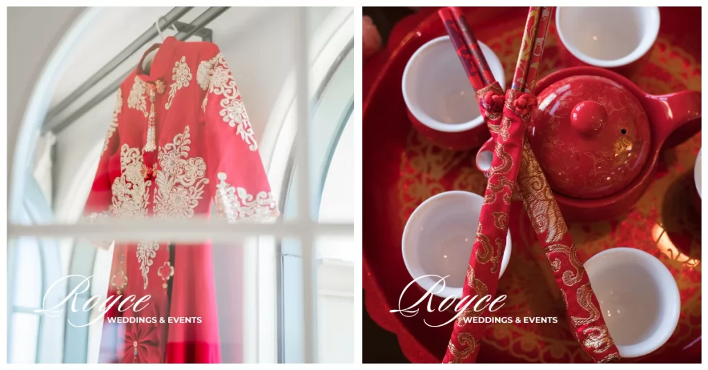 Chinese tea ceremony details and bridal gown for a Chinese wedding in Orange County