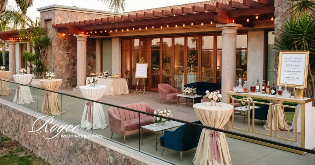 Luxury cocktail hour at an Orange County wedding venue with elegant outdoor lounge seating 