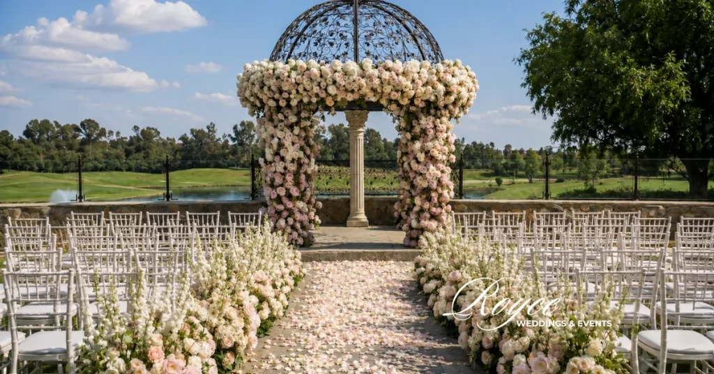Fairytale Old Ranch Country Club Wedding ceremony with luxury floral design
