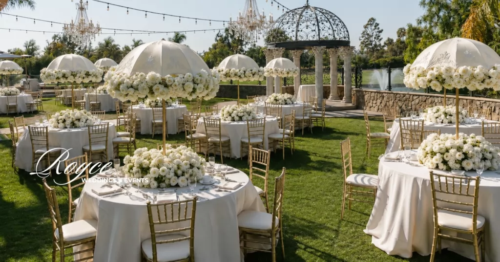 Luxury outdoor reception at an Orange County wedding venue with elegant garden decor