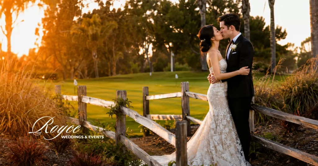 Romantic sunset portrait during an Old Ranch Country Club Wedding in Seal Beach