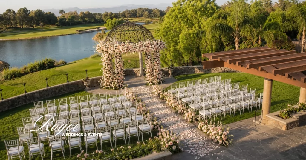 Old Ranch Wedding Venue ceremony with an elegant floral aisle and romantic outdoor setting in Orange County