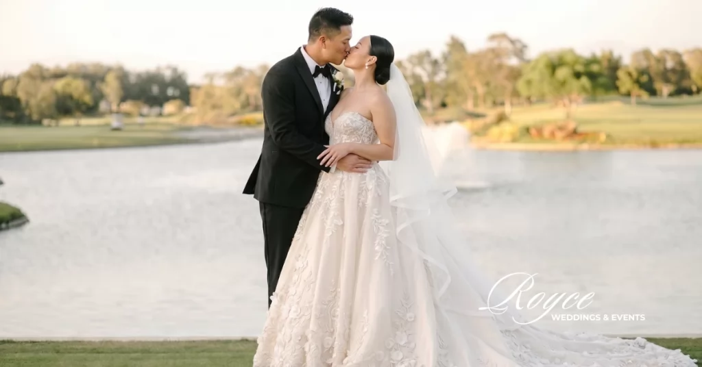 Romantic couple portrait at Old Ranch Wedding Venue surrounded by lush gardens