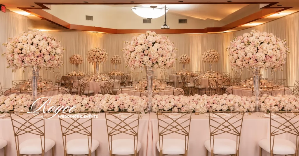 Elegant ballroom reception at an Orange County wedding venue with luxury floral decor and candlelit tables