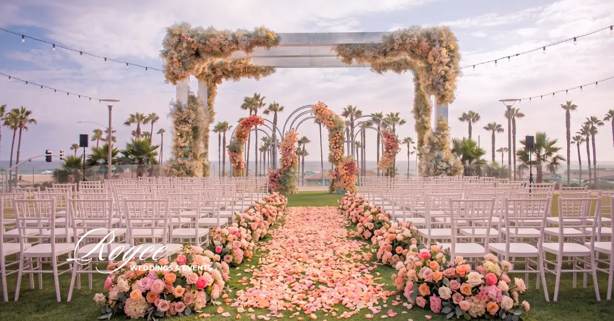 Pasea Huntington Beach Wedding with fairytale ceremony decor at Ocean Lawn overlooking the Pacific Ocean