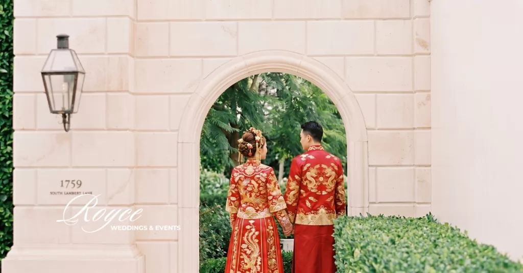 Chinese wedding California couple wearing traditional Chinese wedding attire at a luxury Montecito celebration