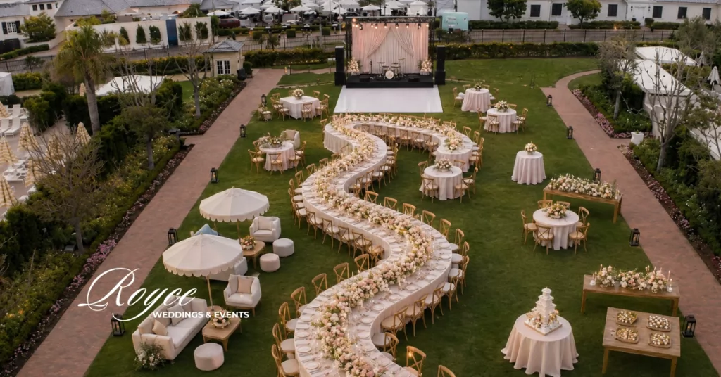 Luxury Santa Barbara outdoor wedding reception on the Great Lawn with ocean views