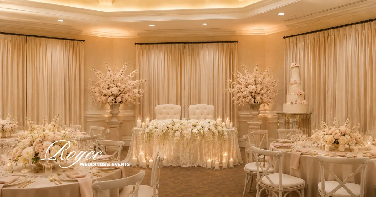 Half Moon Bay Wedding reception ballroom with luxury floral design and elegant tablescape