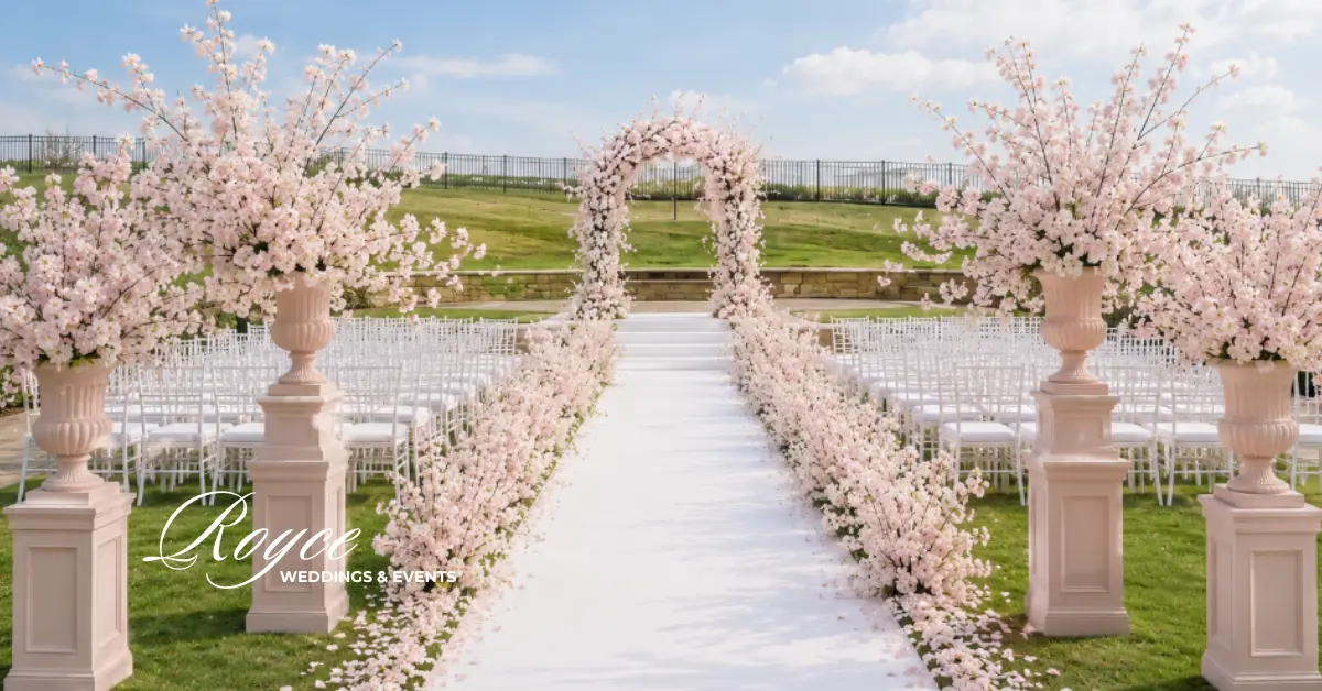 Half Moon Bay Wedding with cherry blossom inspired outdoor ceremony and luxury floral design