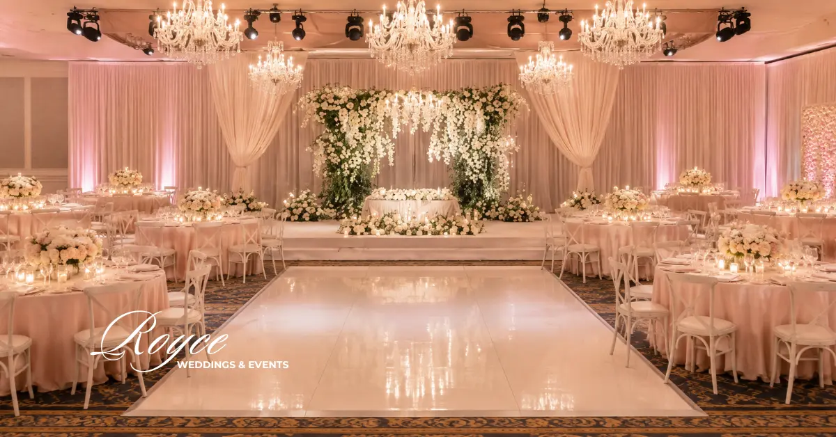 Half Moon Bay Wedding ballroom reception with sophisticated tablescapes and floral installations